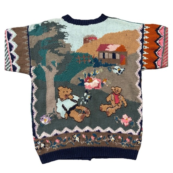 Vintage 90s Together! Knit Cardigan Sweater Teddy Bears Floral Women's S Grandma - Picture 4 of 10